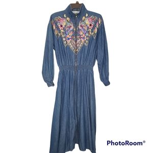Vintage 80s denim jean long sleeve jeweled bedazzled zip front dress